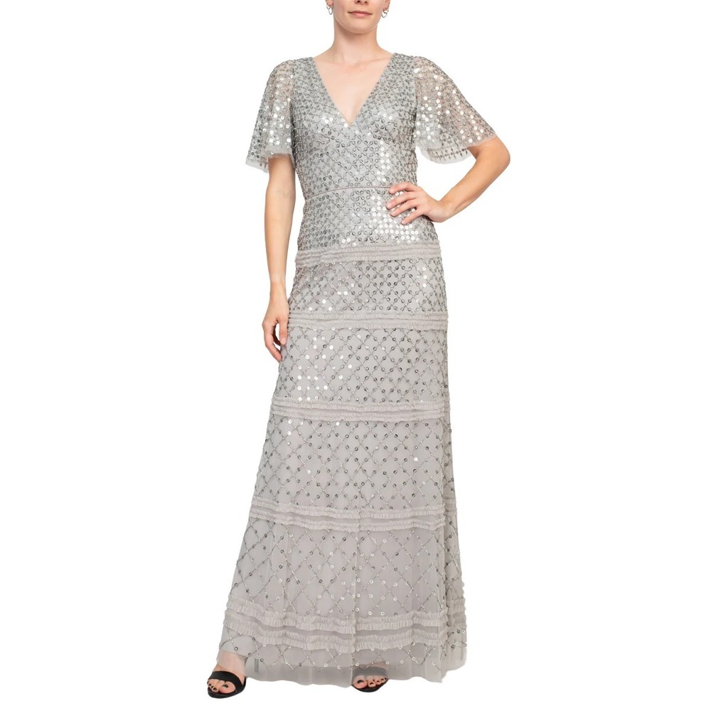 New Aidan Mattox Womens Sequined V-Neck Dress Gown 4 Silver Formal Event Wedding